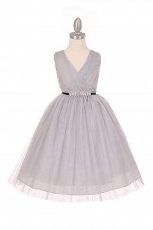 Silver Tulle V-Neck with Removable Rhinestone Grossgrain Tape Sash Flower Girl Dress